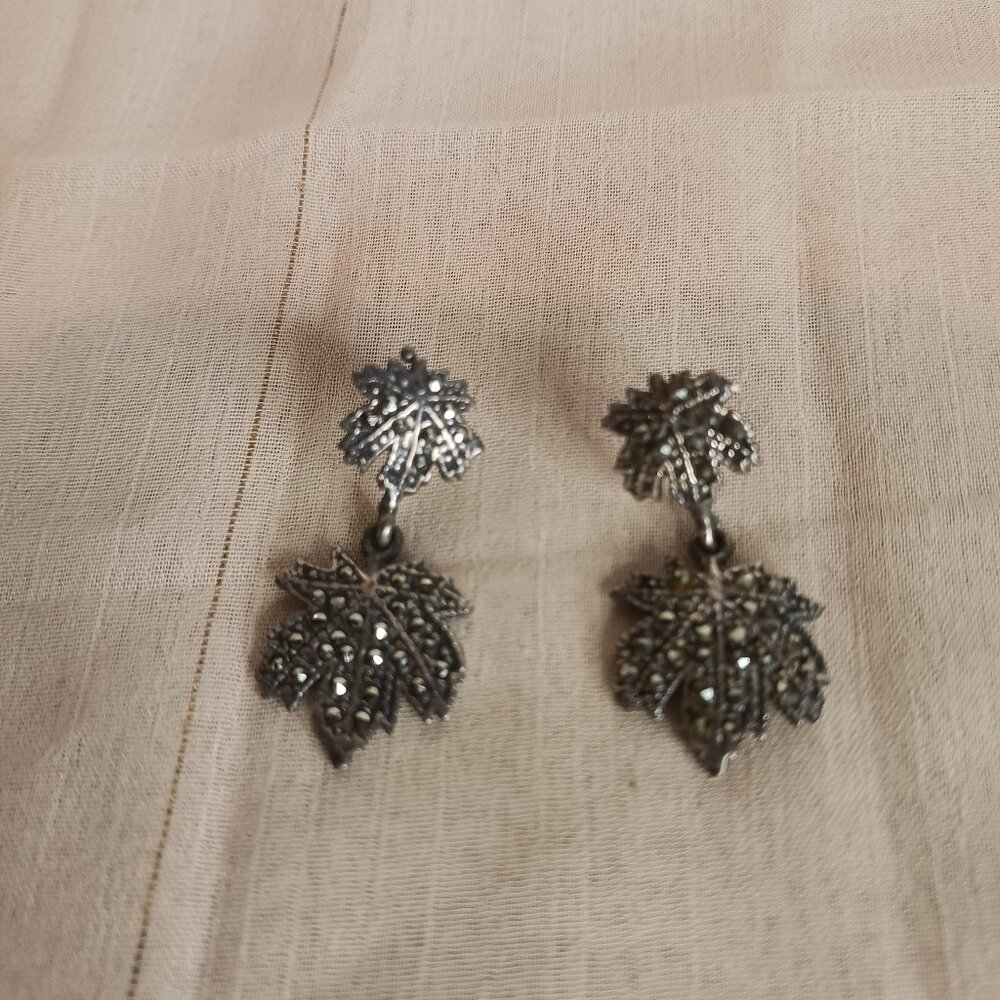 Sterling Silver and Marcasite  Maple Leaf Earrings